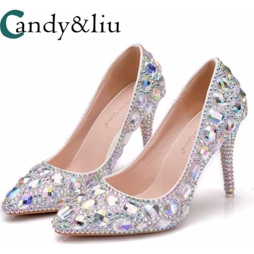 High-heeled shoes, crystal wedding shoes, diamond high-heeled shoes, thin-heeled pointed shoes, dinner dress shoes, 9cm