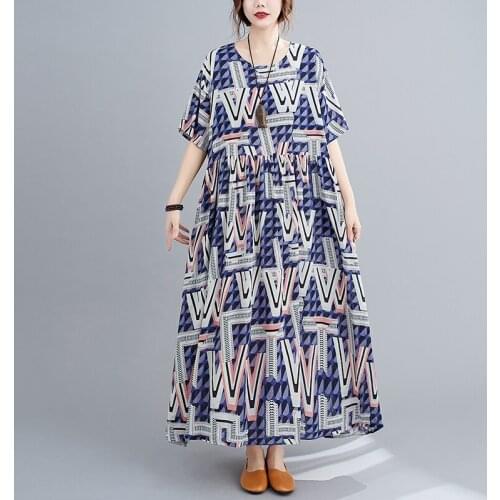 Vintage Dress 2021 New Arrival Short Sleeve Loose Summer Dress Print Floral Vintage Dress Plus Size Travel Casual Women Dress