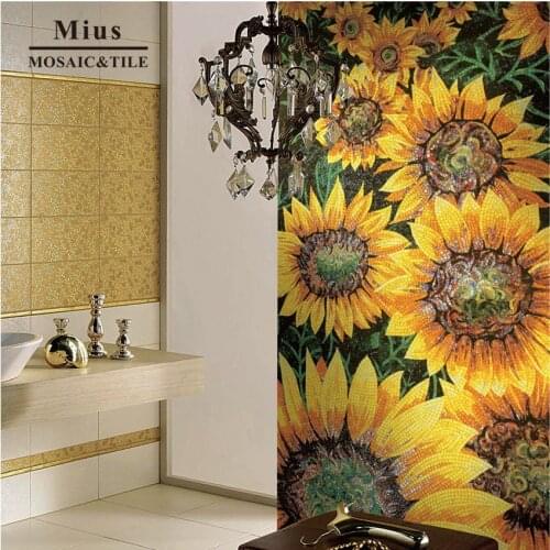 Yellow Sunflower hand cut glass tile custom mosaic pattern