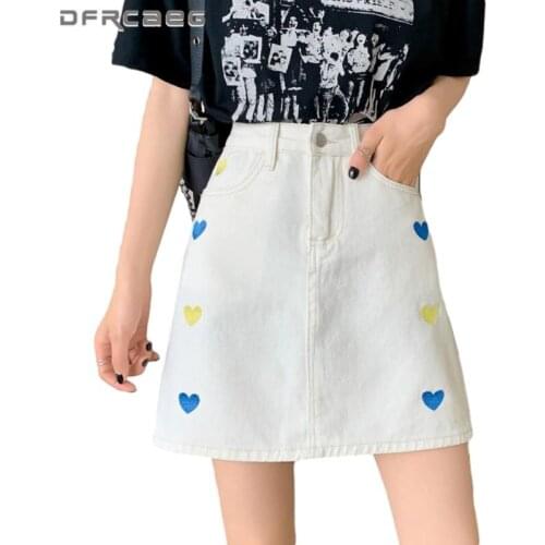 White Love Embroidery Cute A-Line Denim Skirt Women 2021 School Style Summer Kawaii Short Skirts Jeans Femme