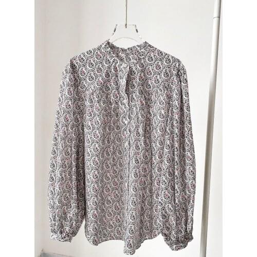 Woman Floral Print Cotton Shirt Round Neck Long Sleeves Front Buttons Fashion Blouse Tops 2021SS