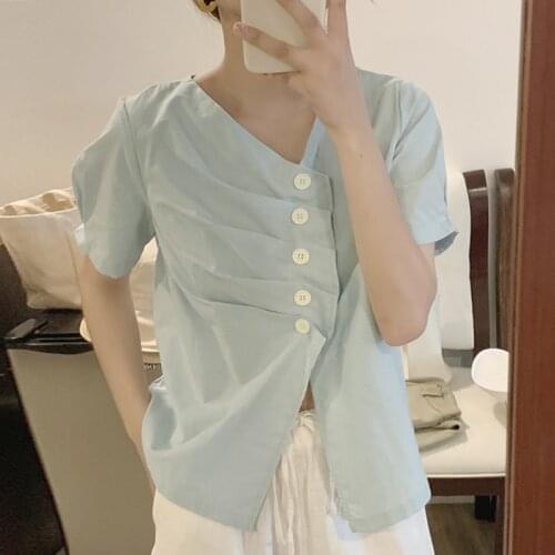 2021 Prom Casual High Waist Shirts Retro V-Neck Slim Femme Short Sleeves Chic Loose Streetwear Sweet Tops Blouses