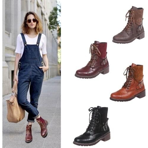 New Fashion Womens Boots Autumn and Winter Comfortable Buckle Womens Shoes Lace Suede Retro British Round-toe Zipper Boots 43