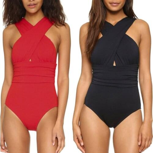 Women Cross Bandage Backless Solid Triangle One-piece Swimsuit Bathing Suit Hot