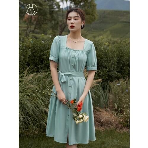 DUSHU Office Lady French Retro Square Collar Red Dress Women Summer 2021 New Sweet Style Red Women Dress