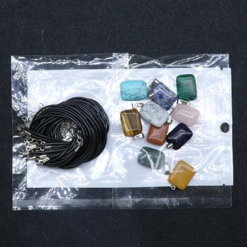 10pcs Rectangle Pendants & 10pcs Leather Rope Natural Stone Pendant Necklace Healing Energy Pendulum Jewelry Making 15*21mm