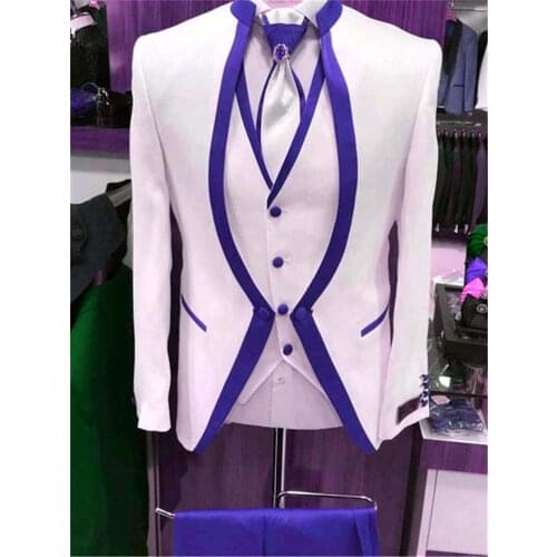 2020 White Jacquard Suit for Men Slim Fit Fashion Royal Blue 3 Pieces Suits Latest Coat Pant Designs Wedding Groom Suit Costume