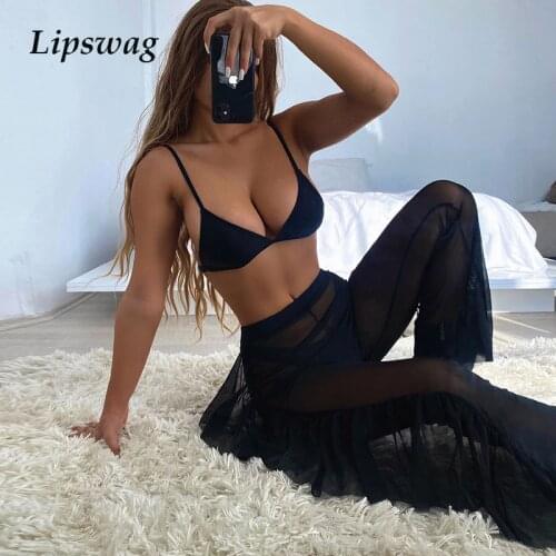 2021 Sexy Deep V Solid Color Women Bikini Set Three Piece Ruffle Swimwear Biquini Brazilian Push Up Summer Beachwear Bathing Set