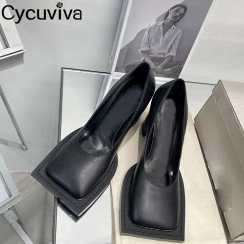 Genuine Leather Strange Heel Women Sandals Mary Jane Shoes For Women Square Toe Slip On High Heel Shoes For Women Pumps Female