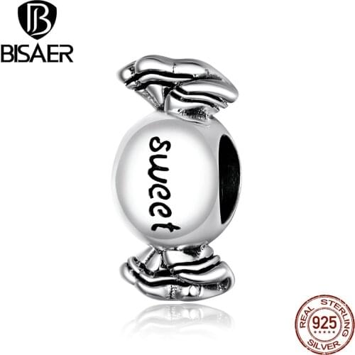 BISAER Sweet Candy Beads 925 Sterling Silver Dessert Food Charms Pendant Fit Bracelets Necklace Jewelry EFC353