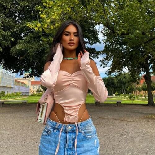 Hugcitar Women Solid Drawstring Strapless Crop Top With Detachable Sleeves Patchwork 2021 Autumn Winter Fashion Sexy Y2K