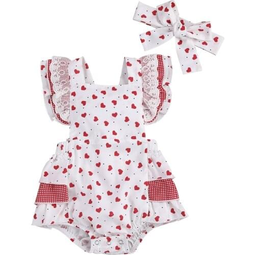 Toddler Girls Round Collar Romper Baby Flying-sleeve One Piece Bodysuit with Bow Headdress Summer Love Printing Playsuit