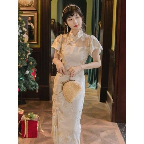 Sweet Vintage Lace Women Cheongsam 2021 Summer New Improved Modern Chic Girl Elegant Style Qipao Dresses Female