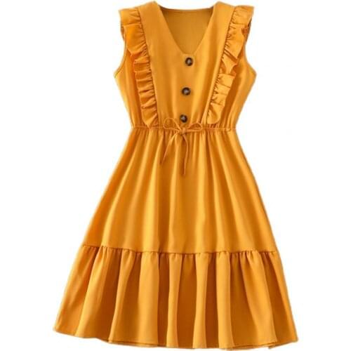 2021 New Fashion Women Summer Sweet Style Ruffles High Waist V-neck Sleeveless Party Mini Dress Beachwear