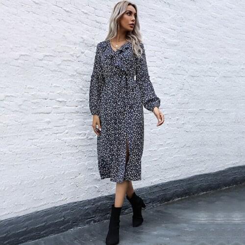 Spring Fashion Ruffled Mid Calf Dress Floral Print Women Long Sleeve V-neck Slim And Elegant A-line Boho Style Female Dress