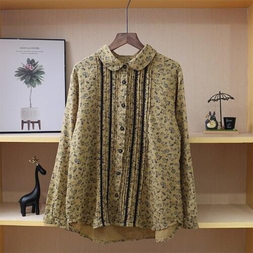 Japan Style Mori Girl Peter Pan Collar Literary Shirt Double Cotton Yarn Long Sleeve Floral Print Blouse Women