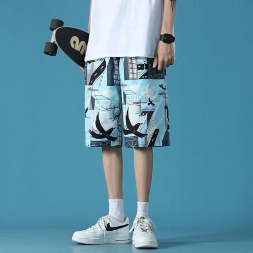 Shorts Men Cartoon Graffiti Print Bermuda Beach Knee-length Shorts Hip Hop Elastic Waist High Street Summer Sweatpants