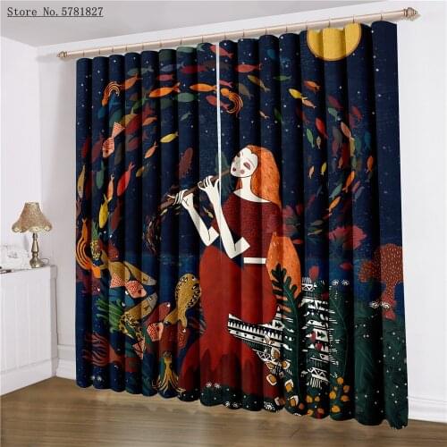 Hand Drawn Mermaid Window Curtains 3D Print Beautiful Lady Curtains Home Window Drapes 2 Panels Fairy Tales Window Treatments