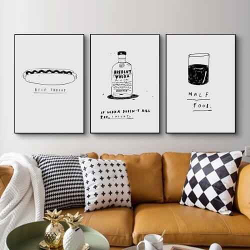 Modern Black and White Line Bottle English Alphabet Bread Glass Painting on Canvas Posters and Prints Wall Art for Kitchen Decor