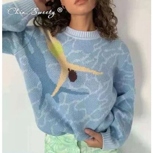 Blue Print Womens Long Sleeve Sweater Pullovers 2021 Autumn O-neck Dropped Shoulders Knit Sweaters Female Sweet Office Clothes