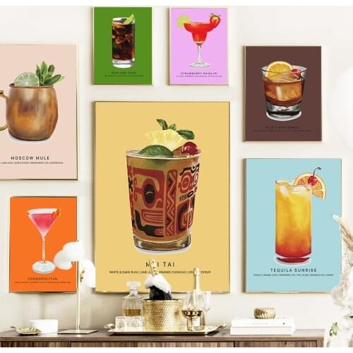 Wine Glass Lemon Cherry Cocktail Nordic Posters And Prints Wall Art Canvas Painting Wall Pictures For Living Room Vintage Decor