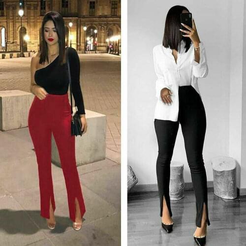 High quality Office Lady Skinny Fit Stretchy Flare Pants Women Split Solid High Waist Push Up Buttom Ankle Length Trousers