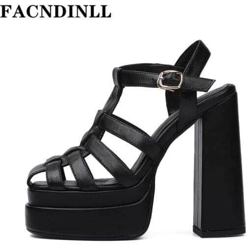 Genuine Leather Ladies Women Sandals New Fashion Summer High Heels Thick Platform Black White Dress Party Wedding Shoes Size 43