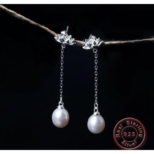 Amxiu Natural Freshwater Pearl Earrings Handmade 925 Silver Lotus Flower Drop Earrings for Women Girls Wedding Jewelry Brincos