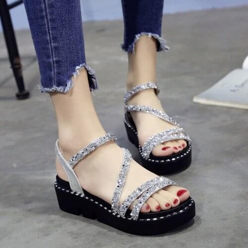 20 NEW Womens summer diamond sandals beach shining crystal shoes Casual Female boho Slipper Plus size Elastic band Basic