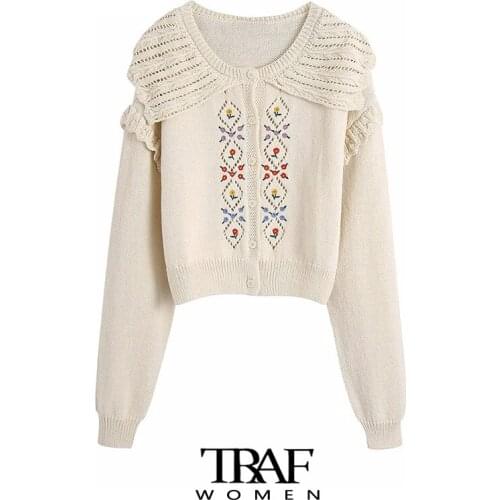 TRAF Za Women Fashion Floral Embroidery Ruffled Crop Knit Cardigan Sweater Vintage Long Sleeve Female Outerwear Chic Tops