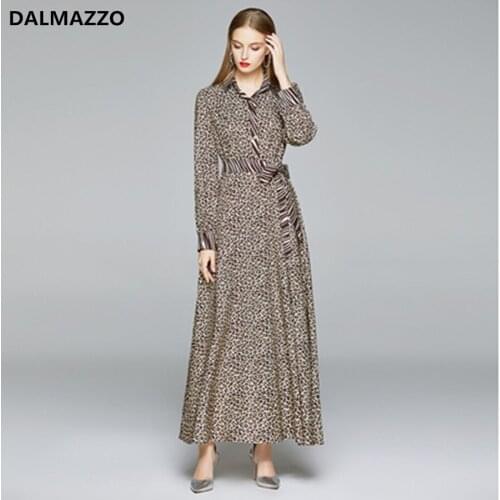 High Quality Leopard Print Women 2020 Newest Autumn Large Size Dresses Ladies Runway Long Sleeve Lacing Long Dress Vestidos