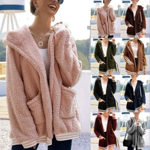 Womens coat Womens autumn jacket Fluffy Fur Lamb Plush Thick Solid Color Winter Pocket Lapel coat Elegant Overcoat