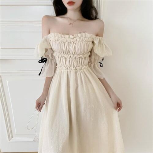 2021 New Spring Ruched Dress Women Chic Puff Sleeve Cute Solid Elegant Long Sleeve Summer A-Line Dress Femme Robe