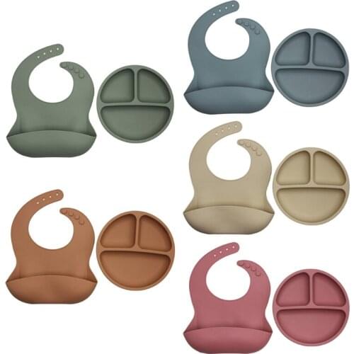 2 Pcs Baby Bib+Divided Dinner Plate Set Tableware Kit Newborn Infants Waterproof Food Grade Silicone Feeding Bowl Dishes 69HE