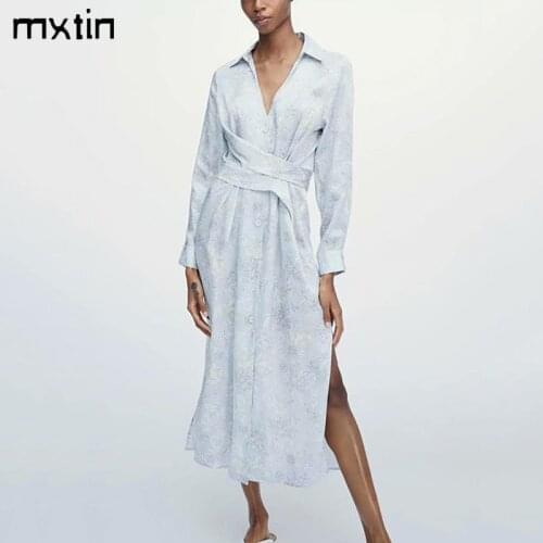 2021 Sprint Women Print Midi Dress Vintage Lapel Collar Single Breasted Long Sleeve Party Bow Tie Sashes Female Dresses Vestidos