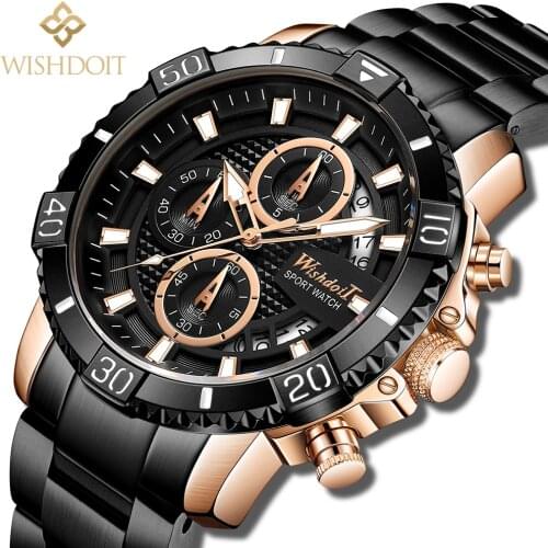 WISHDOIT 2021 New Casual Mens Watch Stainless Steel Top Brand Luxury Sports Waterproof Chronograph Luminous Quartz Watch Men