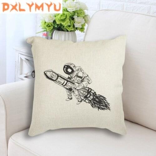 Black White Astronaut Rocket Moon Bicycle Printed Decorative Cushion Linen Cotton Throw Pillow for Sofa Bed Home Decor