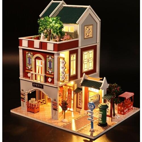 DIY Wooden Doll House Chinese Architecture Casa Teahouse Villa Miniature with Furniture Kit Dollhouse Toys for Girls Xmas Gifts