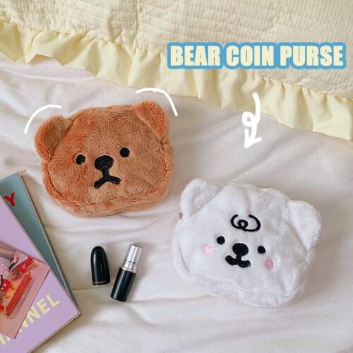 W&G Kawaii Bear Plush Coin Purse Bear Head Storage Bag Cute Girl Heart Cosmetic Bag Portable Coin Earphone Bag Cute
