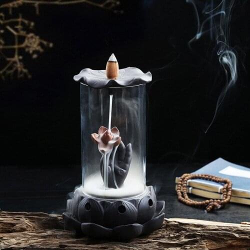 Backflow Incense Burner With Creative Glass Cover Lotus Ceramic Smoke Waterfall Antique Room Tea Ceremony Buddha Appreciation
