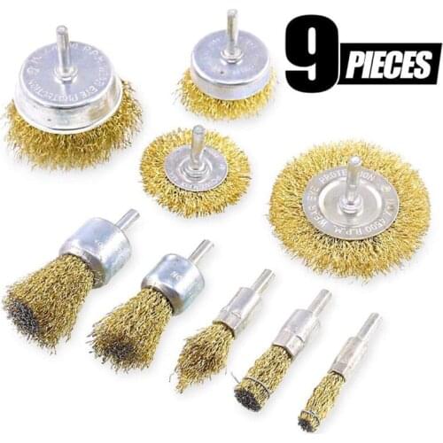 9pcs/lot Brass Brush Wire Wheel Brushes Die 9 Sizes Coated Wire Drill Brush Set Grinder Rotary Electric Tool for Removal of Rust
