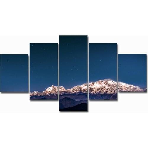 5 Pieces HD Modular Canvas Print Posters Home Decor Wall Art Pictures Snowy mountains under the stars Landscape Paintings Frame