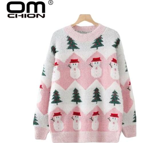 OMCHION Pull Femme 2021 Korean O Neck Christmas Sweater Casual Tree Snowman Knit Women Pullover Jumper Winter Jumper LMM281