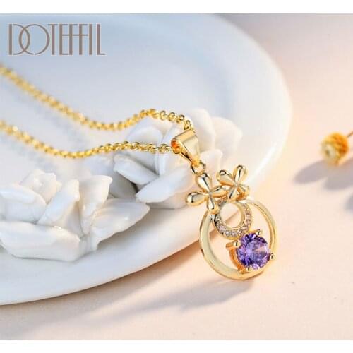 DOTEFFIL 925 Sterling Silver Gold Purple Crystal AAA Zircon Necklace For Women Party Gift Anniversary Wedding Fashion Jewelry