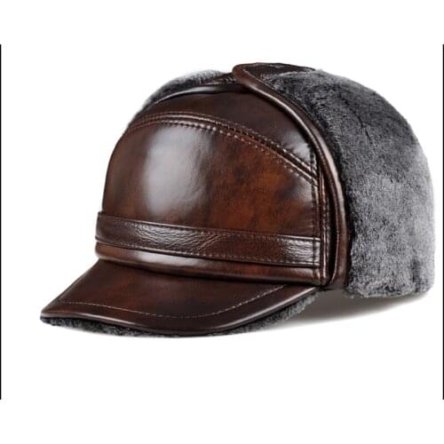 Direct Selling 2018 Winter The Elderly Breath Genuine Cowhide Leather Cap Thicken Thermal Outdoors Bomber Hat Men Free Shipping