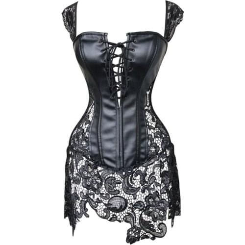 Plus Size Women Excellent New Design Black Faux Leather Lace Bustier Gothic Sexy Espartilhos Corselet Lingerie Intimates Slips