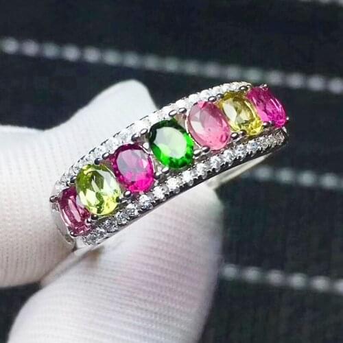 Natural real colorful tourmaline luxury ring Per jewelry 0.25ct*7pcs gemstone 925 sterling silver Fine jewelry J215410