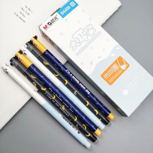 M&G 12pcs / lot Kawaii Cute Erasable Pen with Erasable Gel Ink Pen 0.5mm Write Erasers Refill for School Black Blue AKPB4406