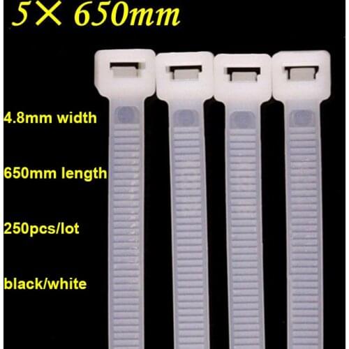 250pcs/lot Self-Lock Type Plastic Nylon Cable Tie National Standard Cable Wire Fixed White/Black Wire Zip lock tie 5*650mm