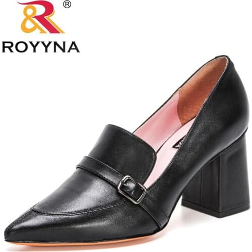 ROYYNA 2021 New Designers Genuine Leather Thick Heel Shoes Women Pointed Toe Pumps Fashion Ladies Pull-On Shoes Office Shoes